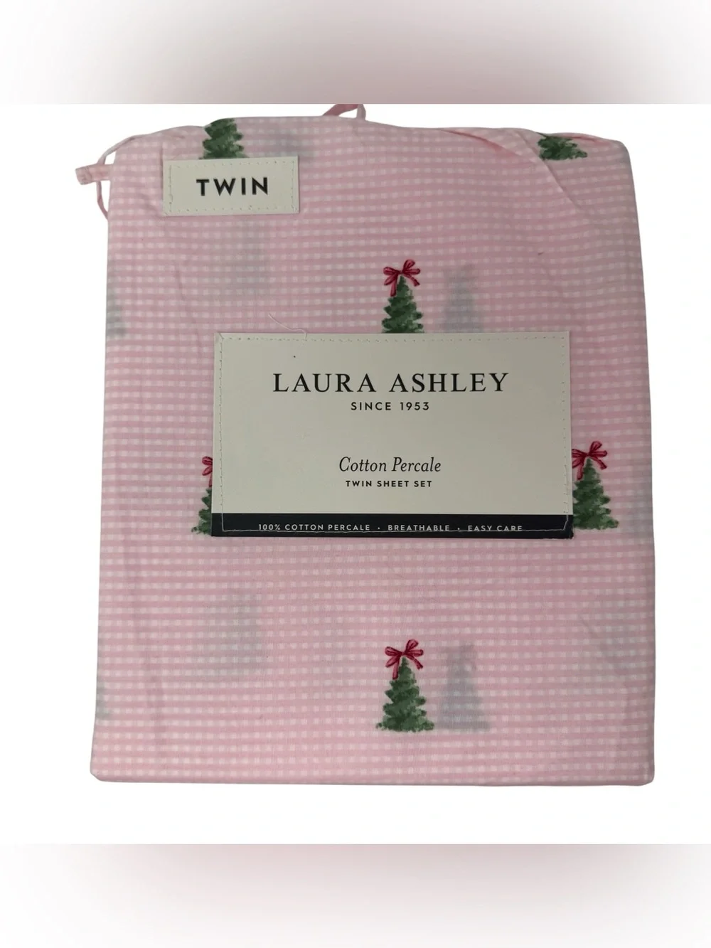 Laura Ashley Twin Size Cotton Percale Sheet Set Christmas Trees Bows Pink NWT